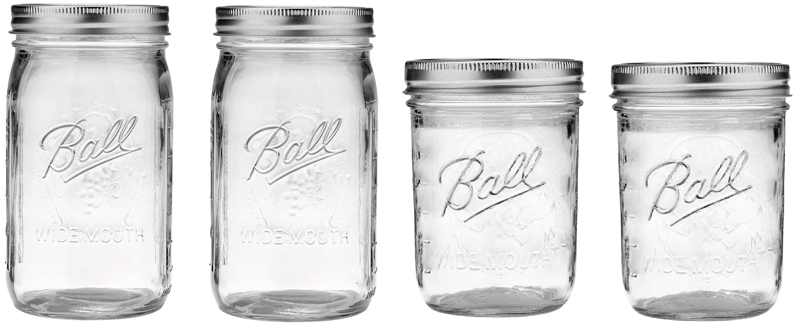 Ball Mason Wide Mouth Jars with Lids and Bands, Set of 4 Jars, Two 32oz Jars + Two 16oz Jars (Bundle Pack)