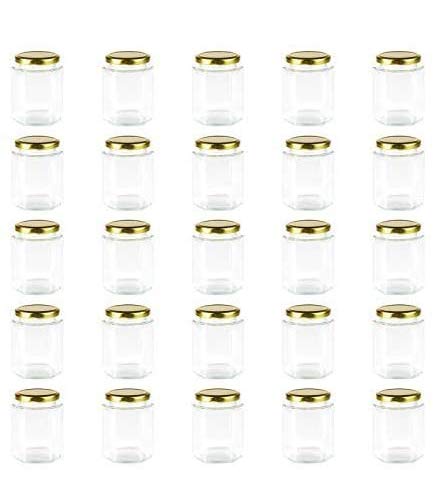 Encheng 6 oz Clear Hexagon Jars,Small Glass Jars With Lids(Golden),Mason Jars For Herbs,Foods,Jams,Liquid,Canning Jars Spice Jars For Storage 25 Pack …