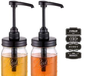 mason jar syrup & honey dispenser pump lids, rust proof, plastic dispenser lid for 16 oz regular mouth mason jars kitchen and table decor - 2 pack