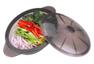 microwave steamer cooker collapsible bowl-silicone steamer cookware with handle lid for vegetables fish prep meal food with removable rack bpa free, easy to store, freezer & dishwasher safe, black