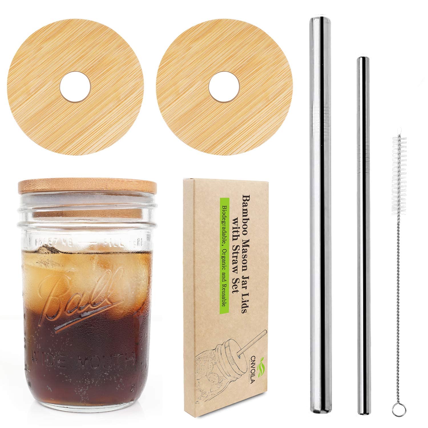 Mason Jar Lids with Straw, Reusable Bamboo Lids, Wide Mouth Mason Jar Tumbler Lids, Mason Jar Tops with 2 Reusable Stainless Steel Straw - 2 Packs