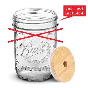 Mason Jar Lids with Straw, Reusable Bamboo Lids, Wide Mouth Mason Jar Tumbler Lids, Mason Jar Tops with 2 Reusable Stainless Steel Straw - 2 Packs