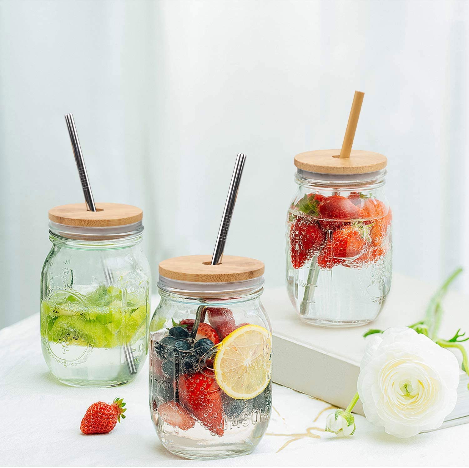 Mason Jar Lids with Straw, Reusable Bamboo Lids, Wide Mouth Mason Jar Tumbler Lids, Mason Jar Tops with 2 Reusable Stainless Steel Straw - 2 Packs