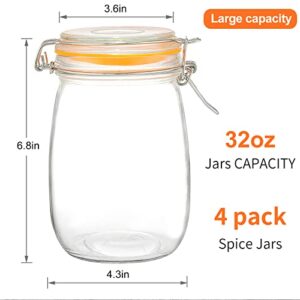 DANALLAN Wide Mouth Mason Jars, 4Pcs 32 oz Glass Jars with Airtight Lid Large Mason Canning Jars Clear Storage Canister Jars with Measurement Marks for Canning Flour Jam Jelly Coffee Sugar Beans