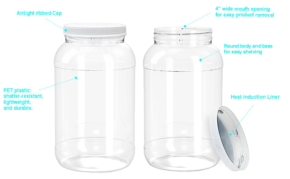 ljdeals 1 Gallon Clear Plastic Jars with Lids, Wide Mouth Storage Containers, Pack of 2, BPA Free, Food Safe, made in USA