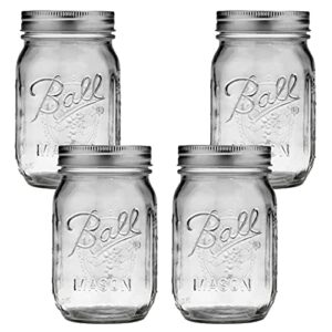 regular mouth mason jars 16 oz - (4 pack) - ball regular mouth pint 16-ounces mason jars with airtight lids and bands - for canning, fermenting, pickling, freezing, storage + m.e.m rubber jar opener