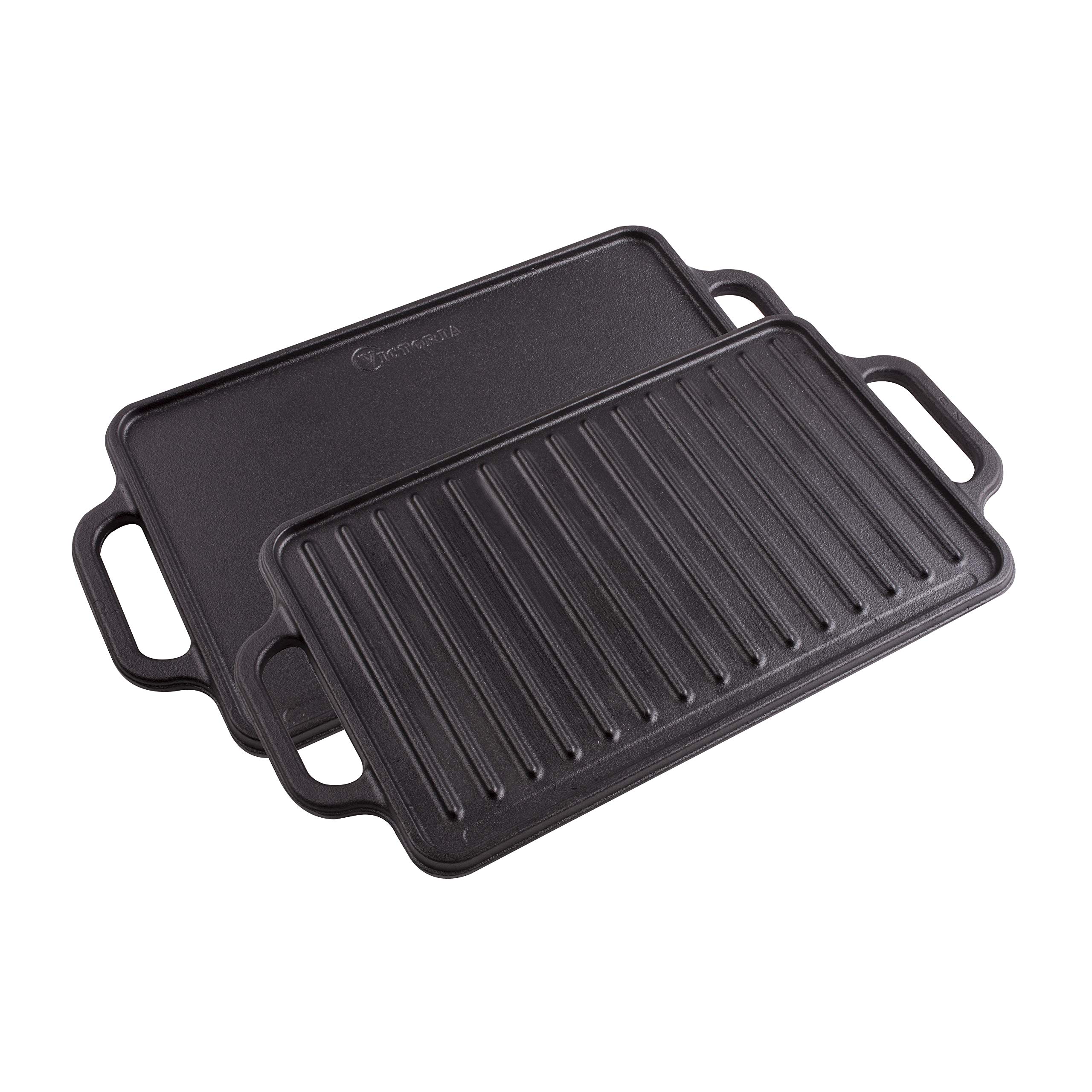 Victoria Rectangular Cast Iron Griddle. Double Burner Griddle, Reversible Griddle Grill, 13 x 8.5 Inch, Seasoned with 100% Kosher Certified Non-GMO Flaxseed Oil, Model: GDL-189