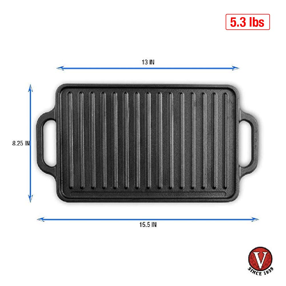 Victoria Rectangular Cast Iron Griddle. Double Burner Griddle, Reversible Griddle Grill, 13 x 8.5 Inch, Seasoned with 100% Kosher Certified Non-GMO Flaxseed Oil, Model: GDL-189