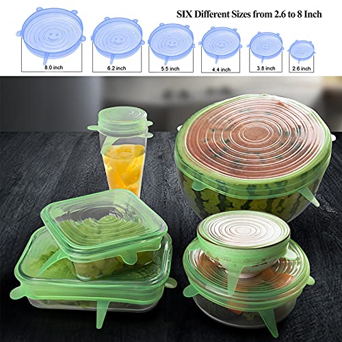 Adpartner Silicone Stretch Lids, 12-Pack Reusable Silicone Lids and Food Covers for Food Storage, BPA-free Silicone Covers for Bowls, 6 Sizes to Fit Most Containers, Microwave & Dishwasher Use Safe