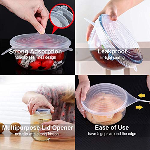 Adpartner Silicone Stretch Lids, 12-Pack Reusable Silicone Lids and Food Covers for Food Storage, BPA-free Silicone Covers for Bowls, 6 Sizes to Fit Most Containers, Microwave & Dishwasher Use Safe