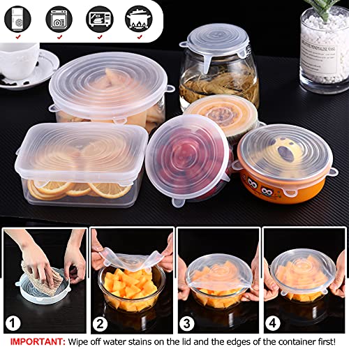 Adpartner Silicone Stretch Lids, 12-Pack Reusable Silicone Lids and Food Covers for Food Storage, BPA-free Silicone Covers for Bowls, 6 Sizes to Fit Most Containers, Microwave & Dishwasher Use Safe