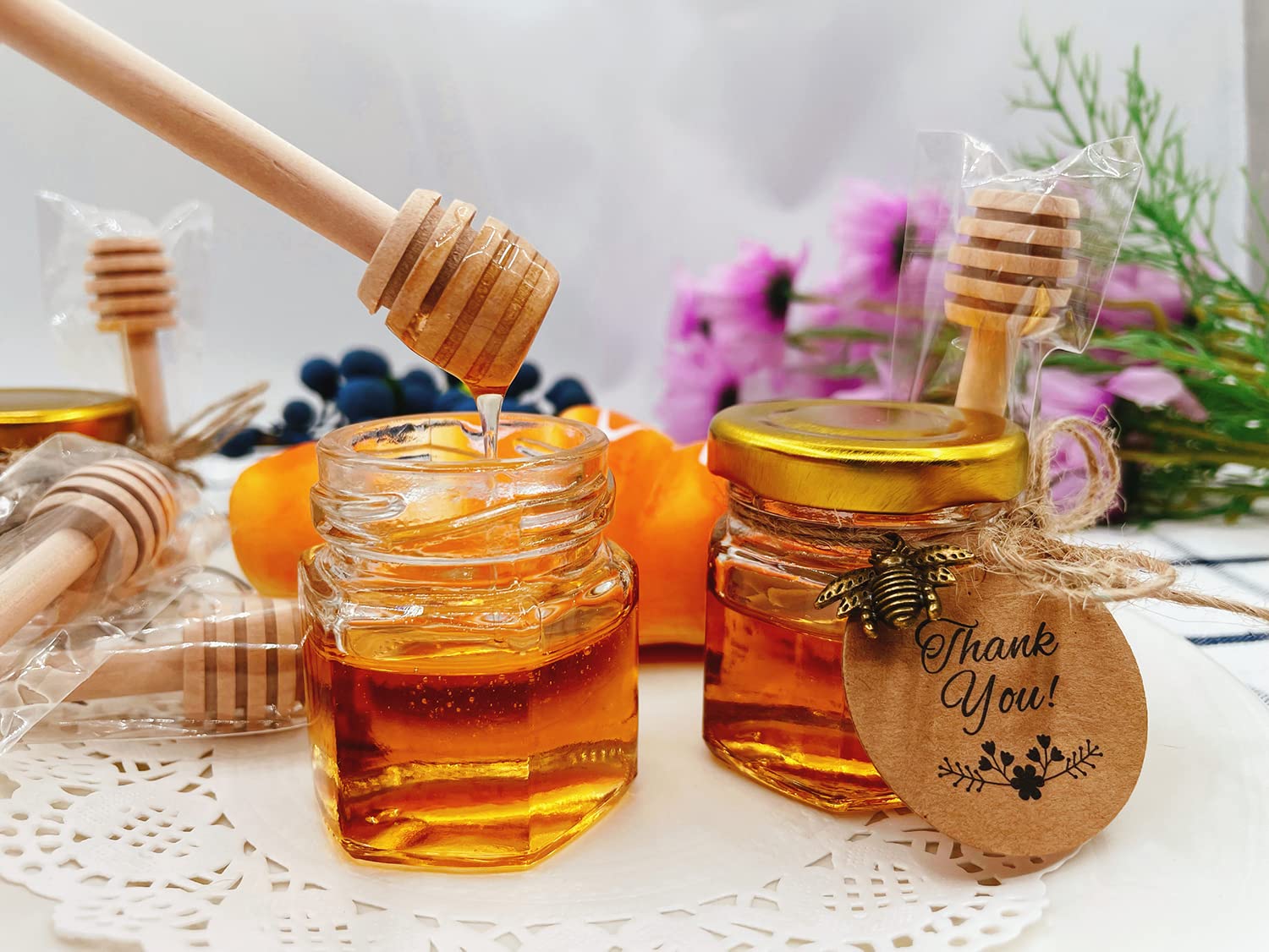 IIKUM 40 Pack 1.5 oz Hexagon Mini Glass Honey Jars with Wooden Dippers, Gold Lids, Bee Pendants, Golden Gift Bags, Thank You Cards, Jutes - Perfect for Baby Shower, Wedding Favors and Party Favors