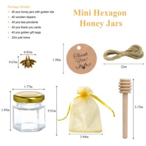 IIKUM 40 Pack 1.5 oz Hexagon Mini Glass Honey Jars with Wooden Dippers, Gold Lids, Bee Pendants, Golden Gift Bags, Thank You Cards, Jutes - Perfect for Baby Shower, Wedding Favors and Party Favors