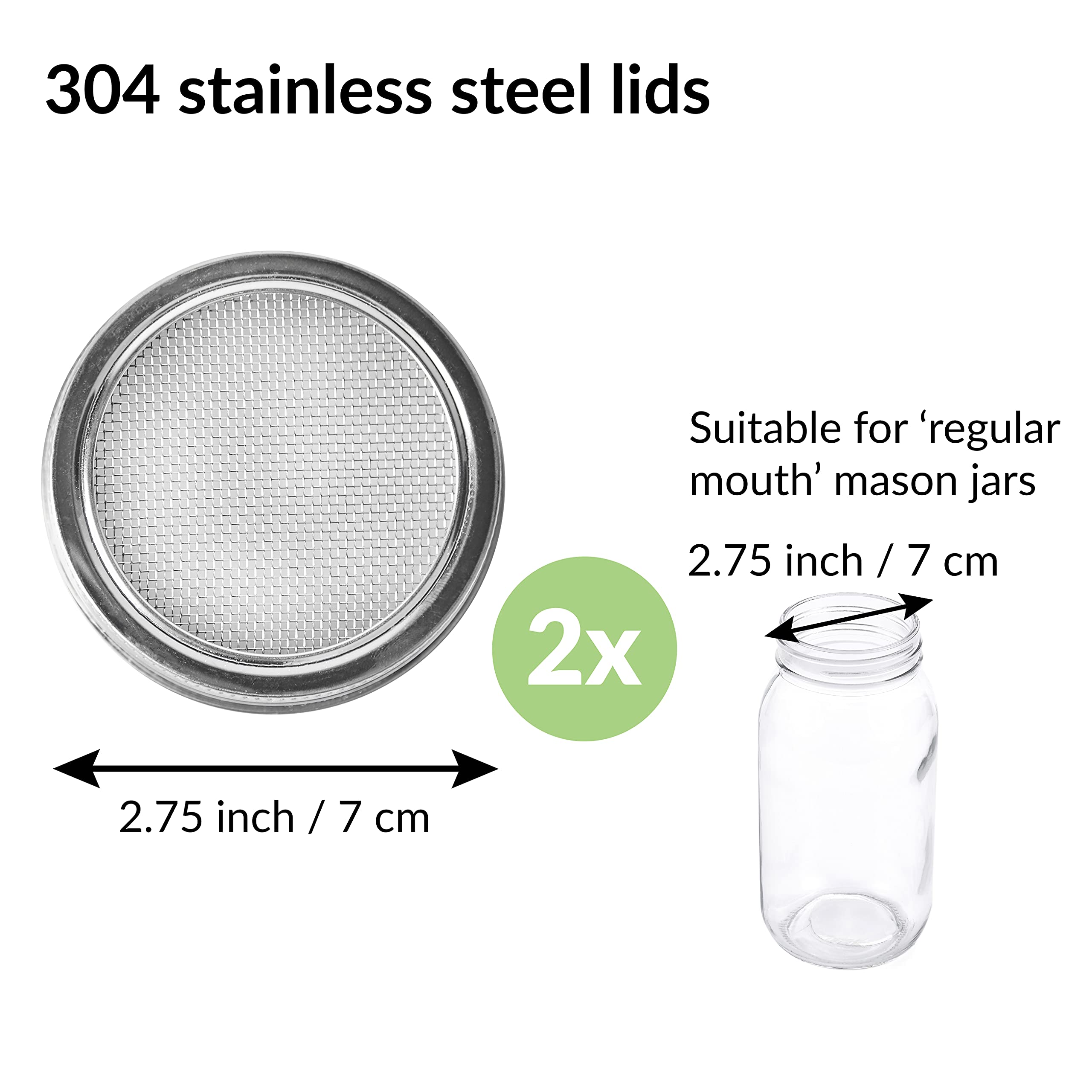 2 Pack Seed Sprouting Jar Lids | For 2.75" Regular Mouth Mason Jars | Fresh Sprouts at Home | Strainer Screen for Canning Jars | 304 Stainless Steel Lid for Growing Broccoli, Alfalfa, Beans & More