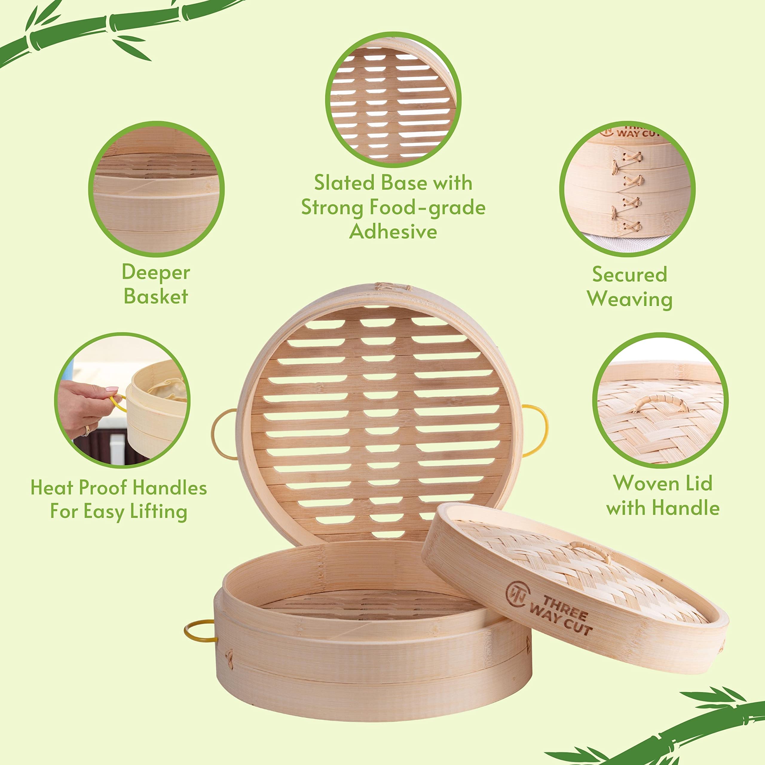 Bamboo Steamer 10 Inch 2 Tier Wooden Basket With Handle, Ring Adapter, Reusable Silicone Liner, Kit For Cooking Dumpling Baby Bao Bun, Dim Sum, Rice Potsticker Steaming Chinese Asian Food & Vegetables