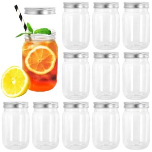 tebery 12 pack clear plastic mason jars with one piece lids, 16oz mason cocktail cup shatterproof drinking jar, refillable empty slime storage containers for overnight oats, honey, spices and herbs