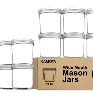 KAMOTA Wide Mouth Mason Jars 10 OZ, 10 OZ Mason Jars Canning Jars Jelly Jars With Wide Mouth Lids and Bands, Ideal for Jam, Honey, Wedding Favors, Shower Favors, Baby Foods, 12 PACK…