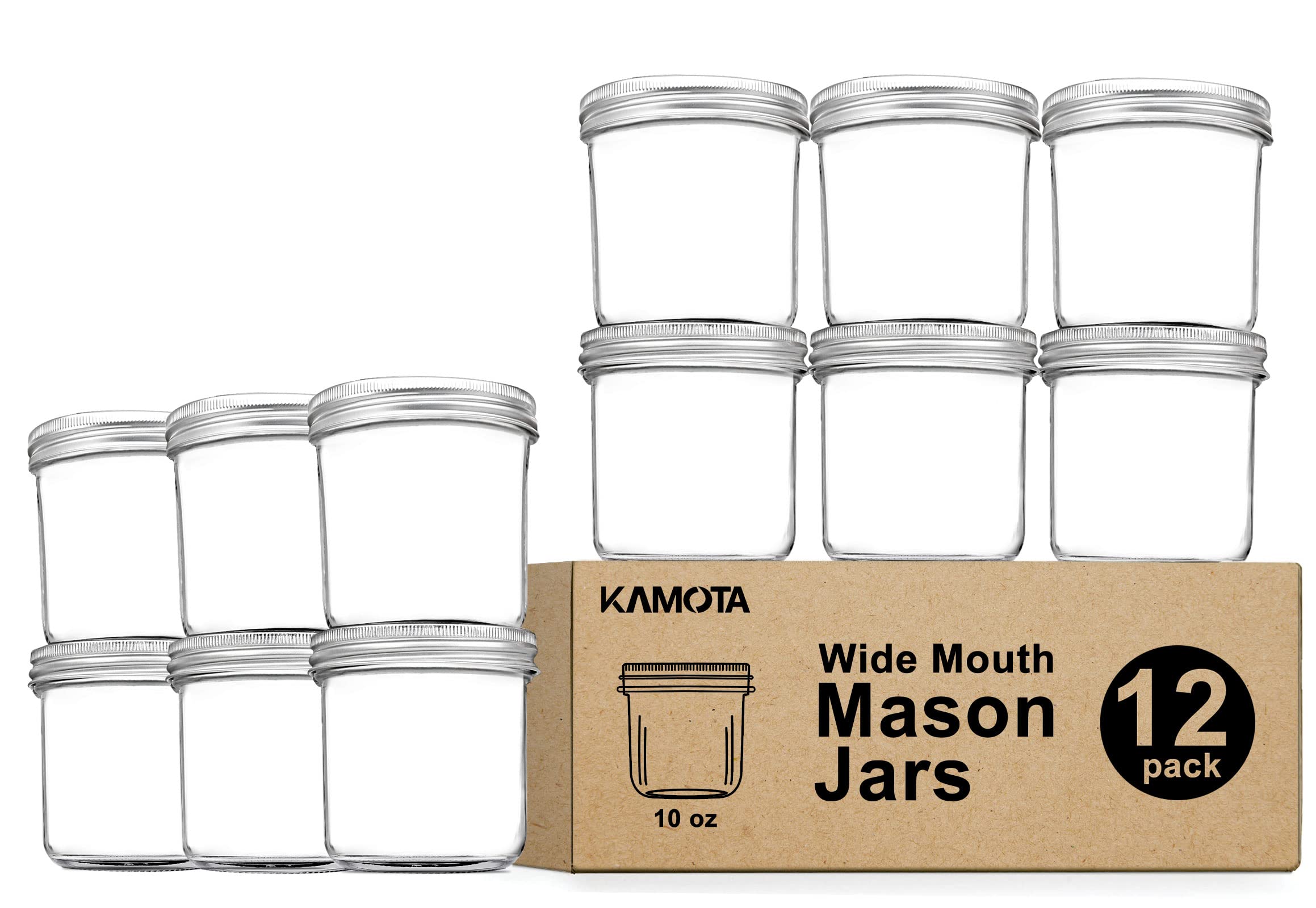 KAMOTA Wide Mouth Mason Jars 10 OZ, 10 OZ Mason Jars Canning Jars Jelly Jars With Wide Mouth Lids and Bands, Ideal for Jam, Honey, Wedding Favors, Shower Favors, Baby Foods, 12 PACK…