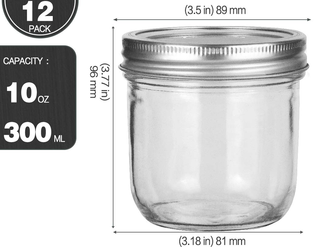 KAMOTA Wide Mouth Mason Jars 10 OZ, 10 OZ Mason Jars Canning Jars Jelly Jars With Wide Mouth Lids and Bands, Ideal for Jam, Honey, Wedding Favors, Shower Favors, Baby Foods, 12 PACK…