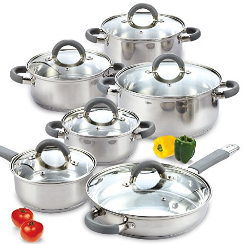 Cook N Home Stainless Cookware Sets Basic Pots and Pans, 12-Piece, Stainless Steel Grey Silicone Handle