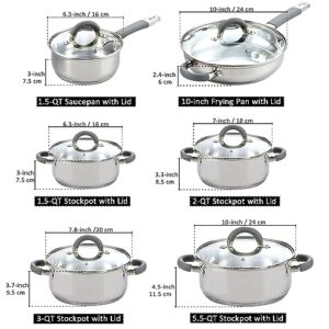 Cook N Home Stainless Cookware Sets Basic Pots and Pans, 12-Piece, Stainless Steel Grey Silicone Handle