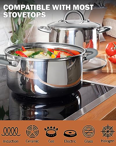 Cook N Home Stainless Cookware Sets Basic Pots and Pans, 12-Piece, Stainless Steel Grey Silicone Handle