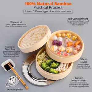 KITCHENCRUST Bamboo Steamer Basket for Chinese Asian Cuisine - 2 Tier 10-Inch Steaming Basket Bun Vegetable Steamer, Dumpling Steamer bamboo steam basket, Sauce Dish, Chopsticks, Reusable Liners, Ring