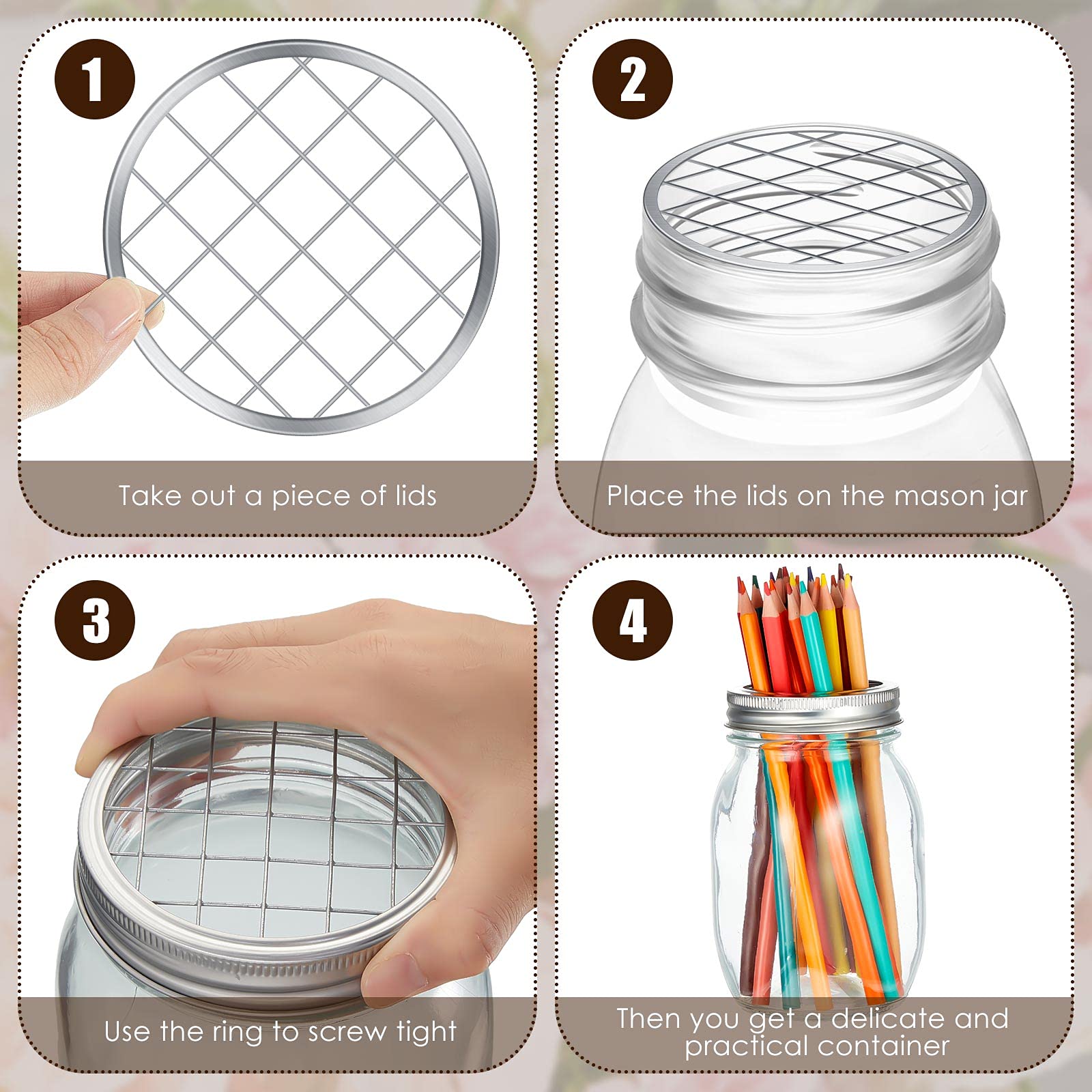 15 Pieces Mason Flower Jar Insert Lid for Wide Mouth Mason Canning Jars Metal Flower Lid Insert Mason Grid Flower Organizer Lid Insert Mason Jar Lids with Straw Hole