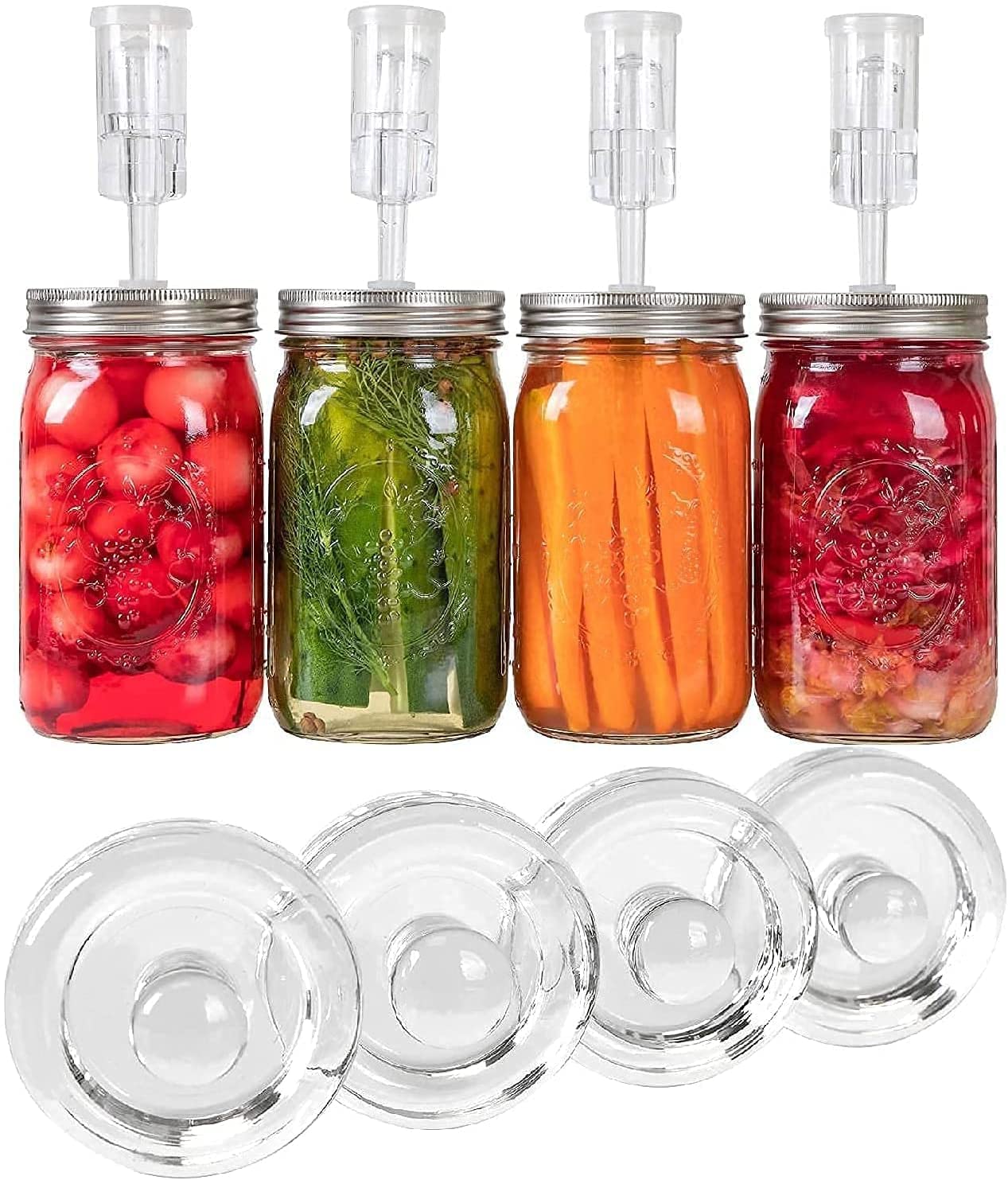 Jillmo Stainless Steel Fermentation Lids with Glass Weights for Wide Mouth Mason Jars (Jars Not Included)