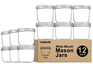 kamota wide mouth mason jars 8 oz, 8oz mason jars canning jars jelly jars with wide mouth lids and bands, ideal for jam, honey, wedding favors, shower favors, 12 pack