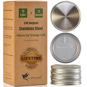 ecopeaceful 316 surgical stainless steel mason jar lids wide mouth - rust-proof, airtight, leak-proof, bpa-free, pvc-free, vegan, reusable - not for canning