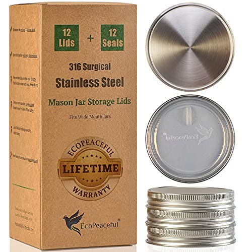 EcoPeaceful 316 Surgical Stainless Steel Mason Jar Lids WIDE Mouth - Rust-proof, Airtight, Leak-proof, BPA-Free, PVC-free, Vegan, Reusable - Not for Canning