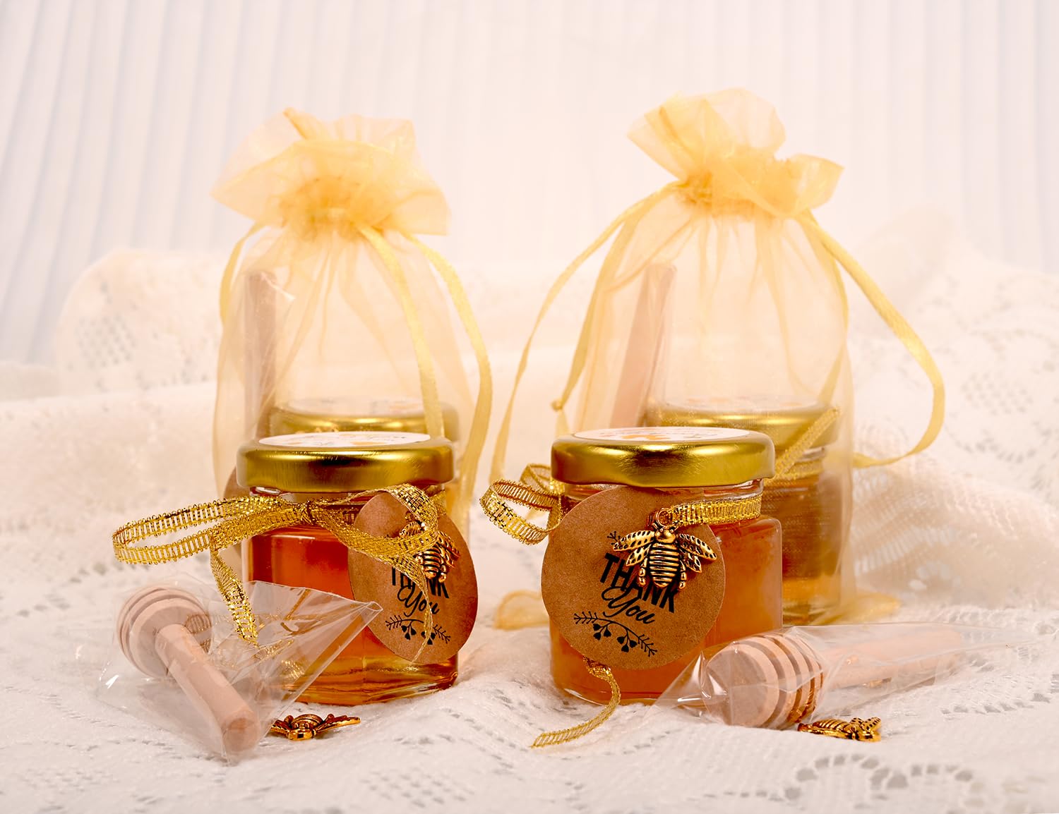 Ahhute 20 Pack Mini Glass Honey Jars with Dipper - Perfect for Baby Showers and Wedding Favors - Gold Lid, Bee Pendants, Ribbons - Includes Gift Bags