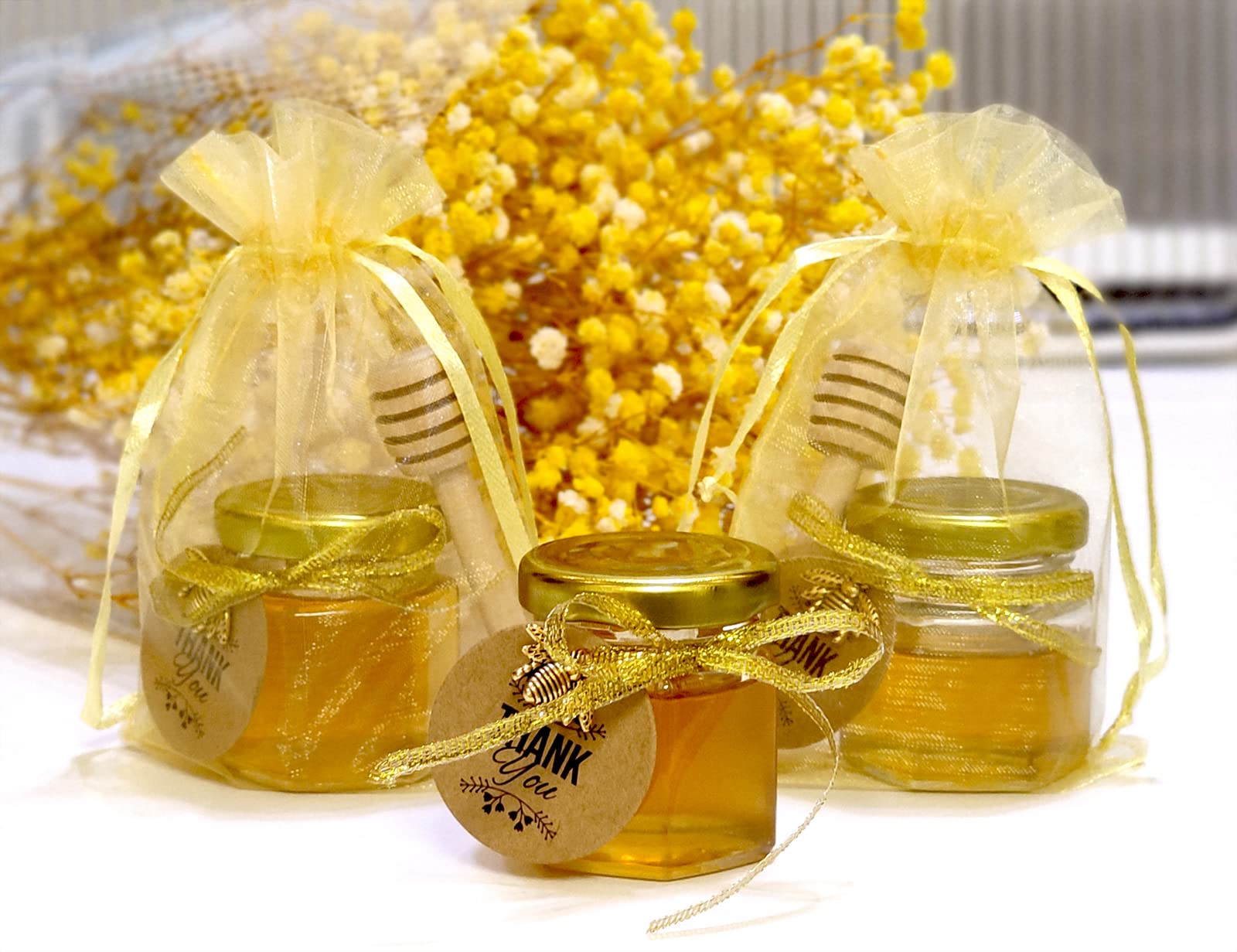 Ahhute 20 Pack Mini Glass Honey Jars with Dipper - Perfect for Baby Showers and Wedding Favors - Gold Lid, Bee Pendants, Ribbons - Includes Gift Bags