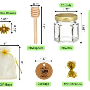 Ahhute 20 Pack Mini Glass Honey Jars with Dipper - Perfect for Baby Showers and Wedding Favors - Gold Lid, Bee Pendants, Ribbons - Includes Gift Bags