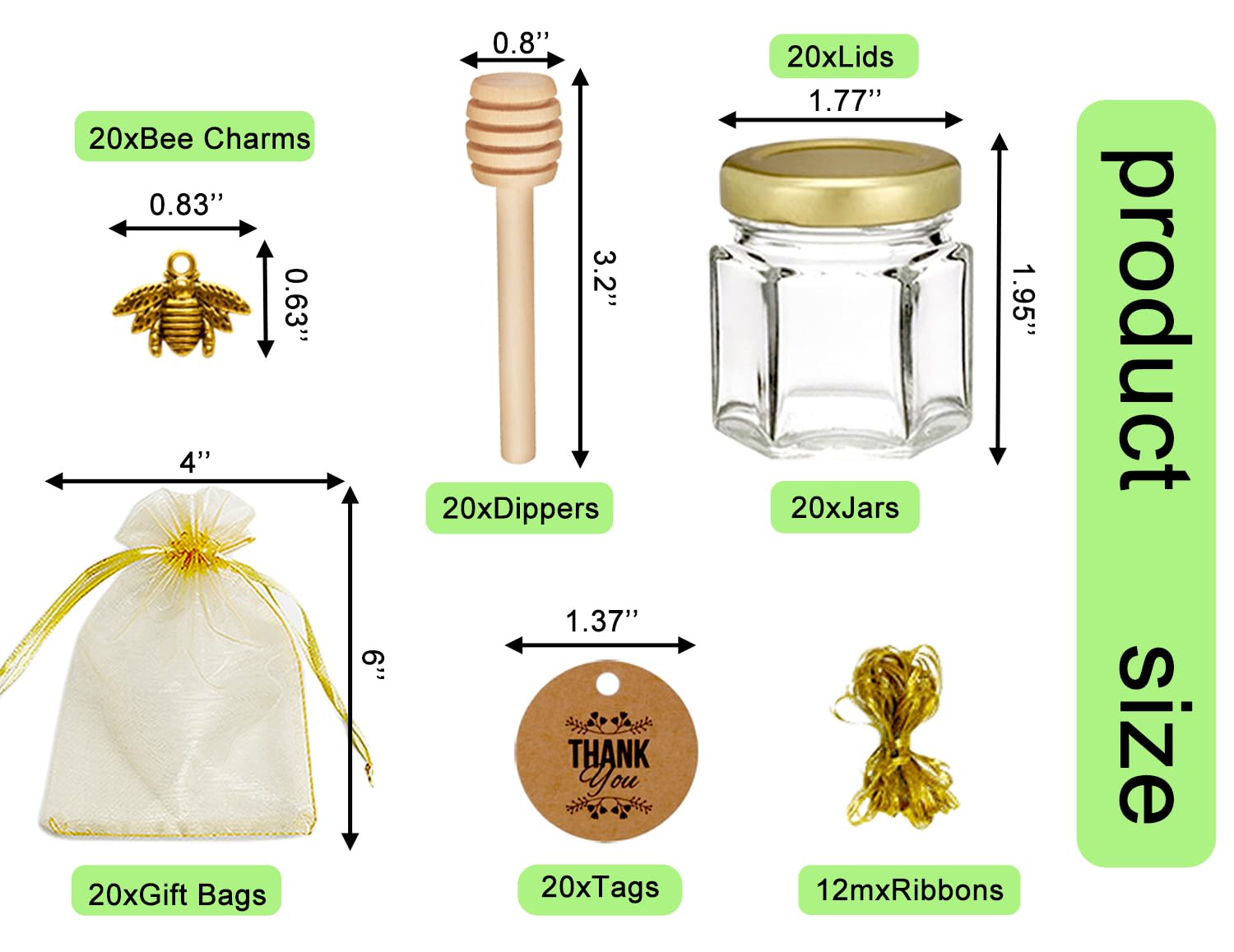 Ahhute 20 Pack Mini Glass Honey Jars with Dipper - Perfect for Baby Showers and Wedding Favors - Gold Lid, Bee Pendants, Ribbons - Includes Gift Bags