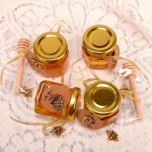 Ahhute 20 Pack Mini Glass Honey Jars with Dipper - Perfect for Baby Showers and Wedding Favors - Gold Lid, Bee Pendants, Ribbons - Includes Gift Bags