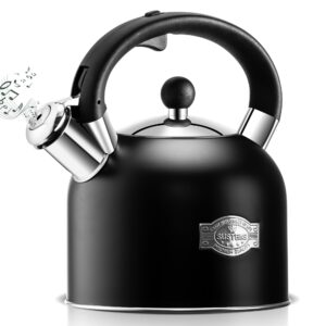tea kettle - susteas 3.17qt whistling kettle with ergonomic handle - premium stainless steel tea pots for stove top, chic vintage teapot with composite base, work for all stovetops (black)