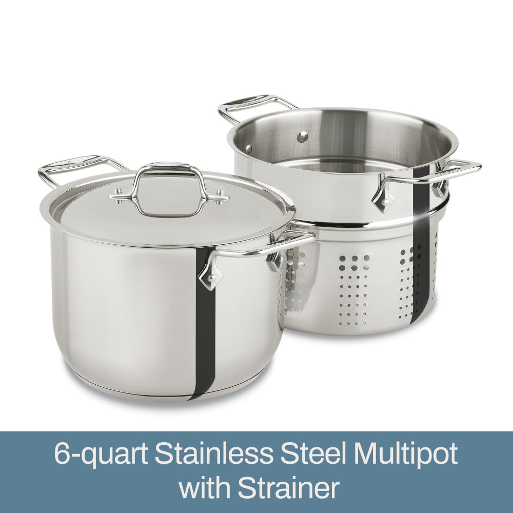 All-Clad Specialty Stainless Steel Stockpot, Multi-Pot with Strainer 3 Piece, 6 Quart Induction Oven Broiler Safe 500F Strainer, Pasta Strainer with Handle, Pots and Pans Silver