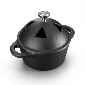 garlic roaster baker, cast iron dutch oven pre-seasoned, mini cocotte, 1 cup capacity, black, ramekin with lid, for bbq grill or oven, by bazaar lm-ents (dome lid)
