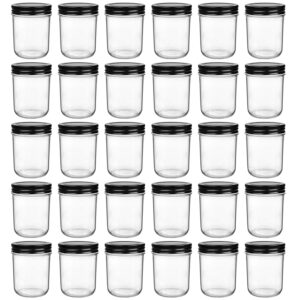 qappda 6oz glass jars with lids,small mason jars wide mouth,mini canning jars with black lids,kitchen storage jars for honey,jam,jelly,baby foods,wedding favor,shower favors,spice jars set of 30