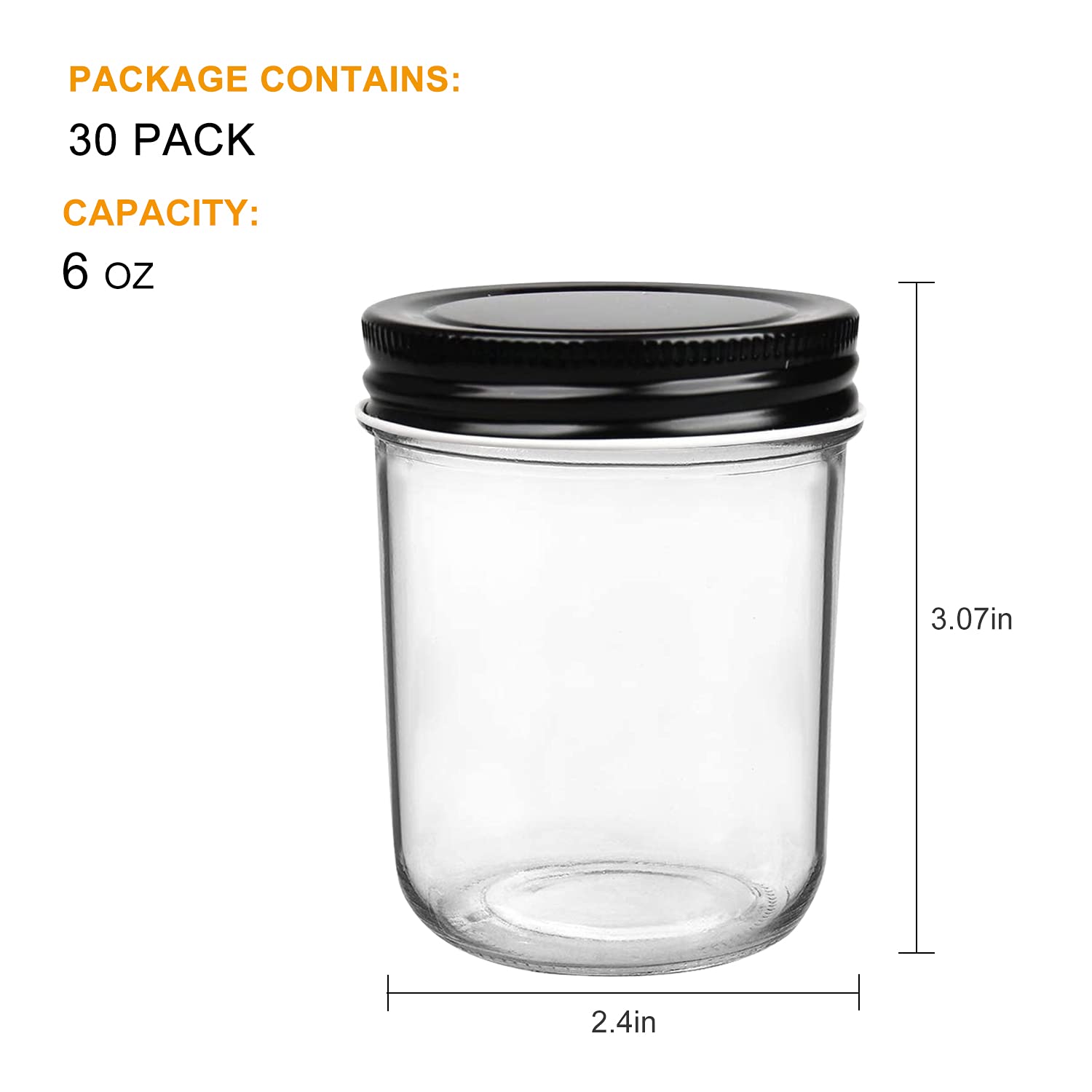 QAPPDA 6oz Glass Jars With Lids,Small Mason Jars Wide Mouth,Mini Canning Jars With Black Lids,Kitchen Storage Jars For Honey,Jam,Jelly,Baby Foods,Wedding Favor,Shower Favors,Spice Jars Set of 30