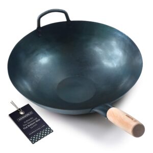 mammafong pre seasoned blue carbon steel flat bottom wok -14 inch chinese pow wok - traditionally hand hammered woks and stir fry pans…