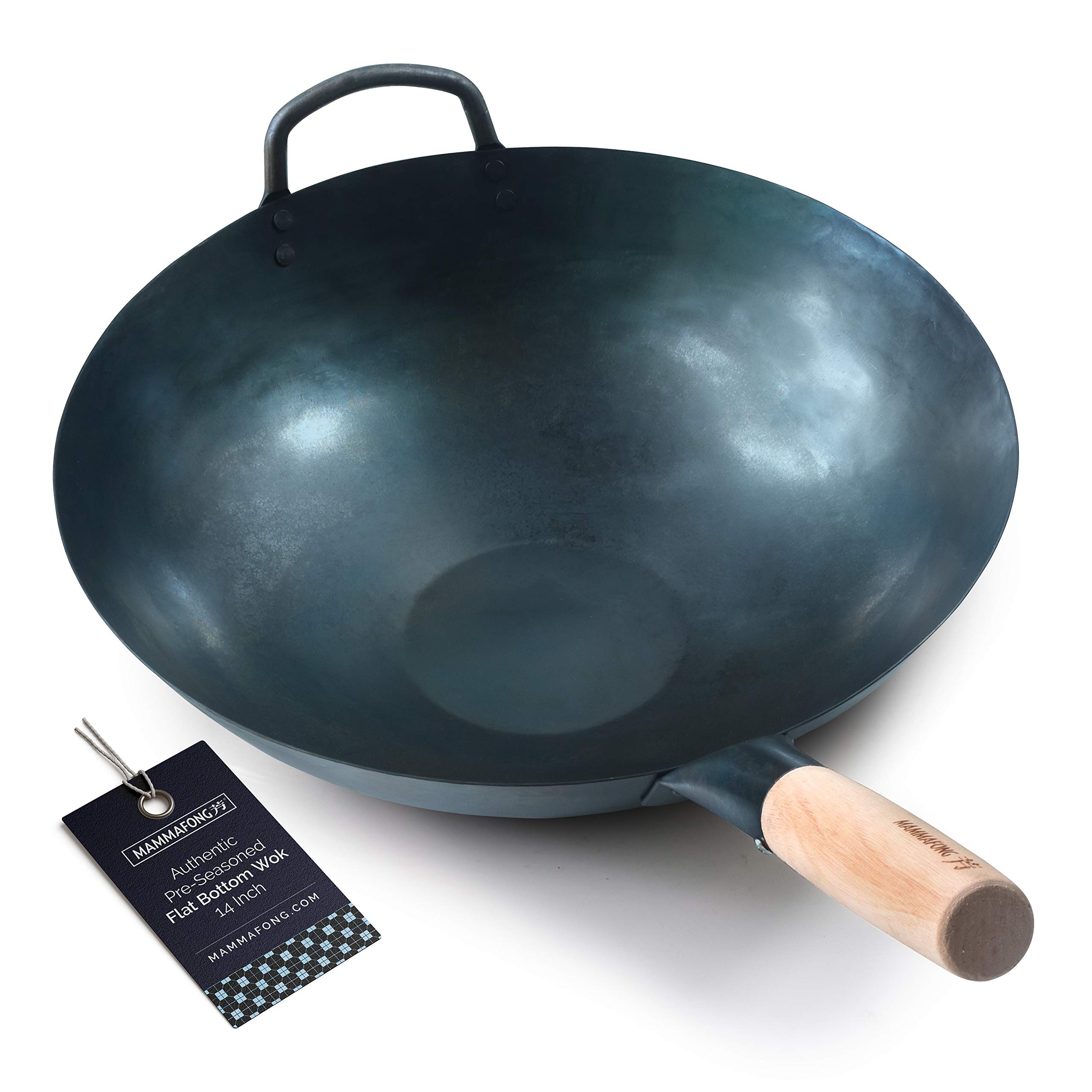 Mammafong Pre Seasoned Blue Carbon Steel Flat Bottom Wok -14 Inch Chinese Pow Wok - Traditionally Hand Hammered Woks and Stir Fry Pans…