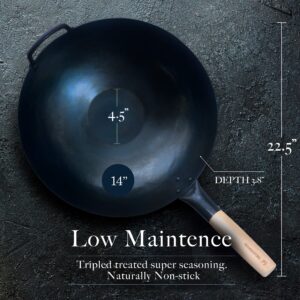 Mammafong Pre Seasoned Blue Carbon Steel Flat Bottom Wok -14 Inch Chinese Pow Wok - Traditionally Hand Hammered Woks and Stir Fry Pans…