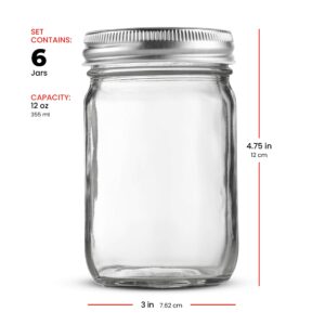 Glass Regular Mouth Mason Jars, 12 Ounce Glass Jars with Silver Metal Airtight Lids for Meal Prep, Food Storage, Canning, Drinking, for Overnight Oats, Jelly, Dry Food, Salads, Yogurt (4 Pack)