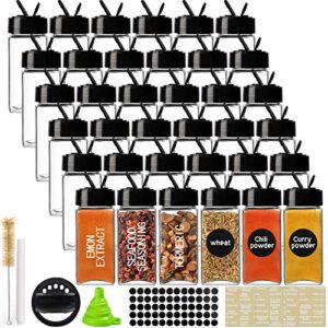 cucumi 36pcs 4oz glass spice jars with labels spice containers square spcie bottles with black caps, 1pcs silicone collapsible funnel 203pcs waterproof labels 1pcs test tube brush 1 chalk marker