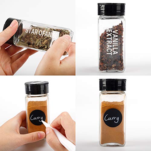 CUCUMI 36pcs 4oz Glass Spice Jars with Labels Spice Containers Square Spcie Bottles with Black Caps, 1pcs Silicone Collapsible Funnel 203pcs Waterproof Labels 1pcs Test Tube Brush 1 Chalk Marker