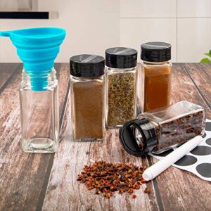 CUCUMI 36pcs 4oz Glass Spice Jars with Labels Spice Containers Square Spcie Bottles with Black Caps, 1pcs Silicone Collapsible Funnel 203pcs Waterproof Labels 1pcs Test Tube Brush 1 Chalk Marker