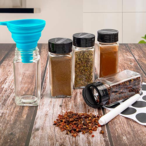 CUCUMI 36pcs 4oz Glass Spice Jars with Labels Spice Containers Square Spcie Bottles with Black Caps, 1pcs Silicone Collapsible Funnel 203pcs Waterproof Labels 1pcs Test Tube Brush 1 Chalk Marker